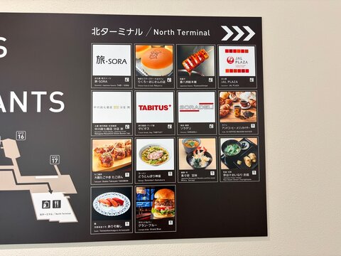 Osaka Itami Airport (ITM) North Terminal shop and restaurant directory map featuring JAL Plaza and local Japanese food vendors - Hyogo, Japan, April 24, 2026