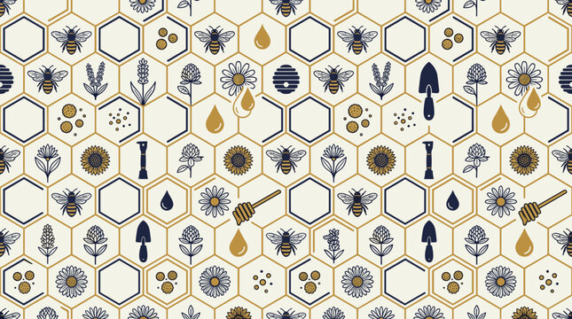 Honeybee conservation icons and pollinator health symbols arranged in a sophisticated seamless repeating pattern for ecological