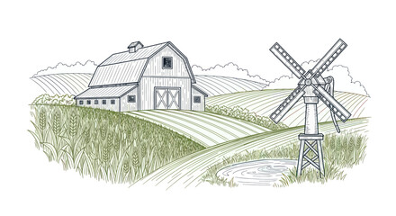 Farm landscape with barn and windmill © Mangnu