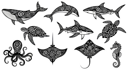 Collection of Tribal Marine Animal Vector Art Designs © Mangnu