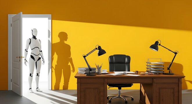 A white humanoid robot stands in an office doorway with a human shadow cast on a bright yellow wall.