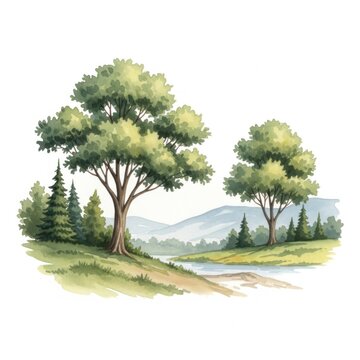 Watercolor landscape with deciduous trees, pine forest, and a river