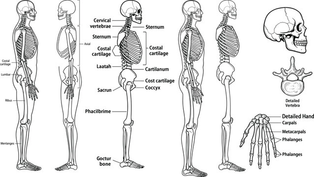 Human skeletal system anatomy set with labeled bones skull spine rib cage hand and vertebrae detailed illustration