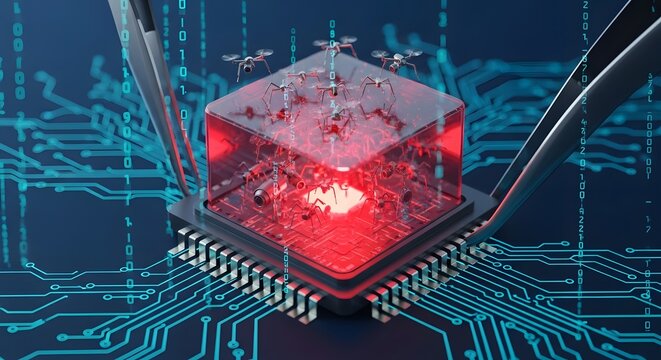 Microchip with red glowing cube holding robotic ants on a digital circuit board background, top view