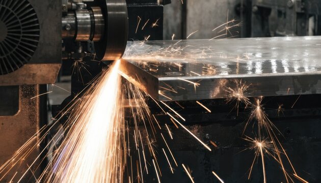 Focused medium shot of a vibrant spark closeup during surface grinding showcasing the dynamic energy and precision involved in leveling a machine tables surface.