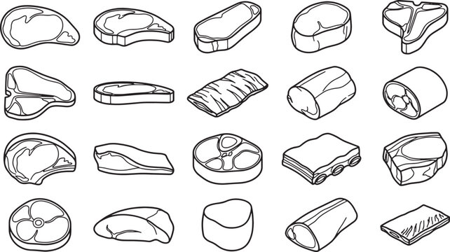 Artistic meat cuts line drawing illustration that present a range of raw meat cuts, ready for the cook.