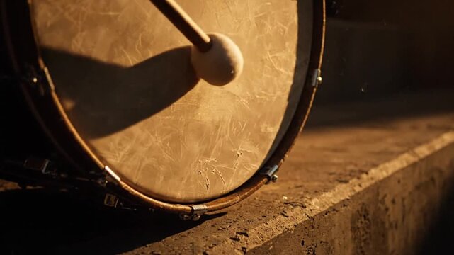 Close-up of a mallet striking a drumhead during golden hour, rhythmic percussion performance outdoors in warm sunlight.