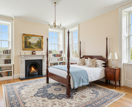 Elegant Classic Bedroom Interior with Mahogany Four Poster Bed, Marble Fireplace, Vintage Persian Rug and Large Windows in a Luxury Period Home