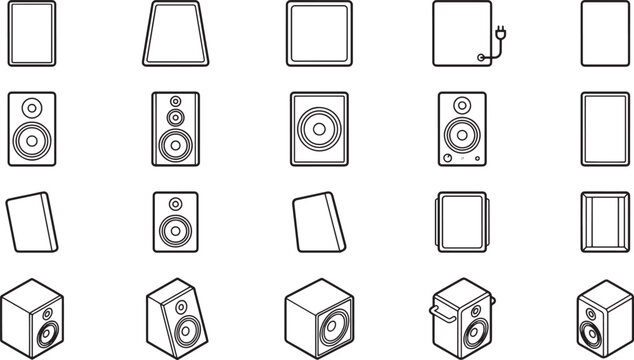 A comprehensive set of stylish speakers and sound system equipment icons and graphic elements for design resource. 