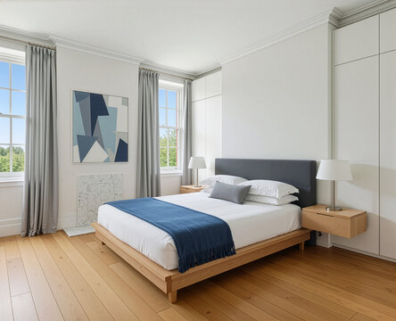 Modern Minimalist Bedroom with Scandi-Style Bed, Large Windows with Green View, Built-in Closets, and Blue Geometric Abstract Art - Stock Photo