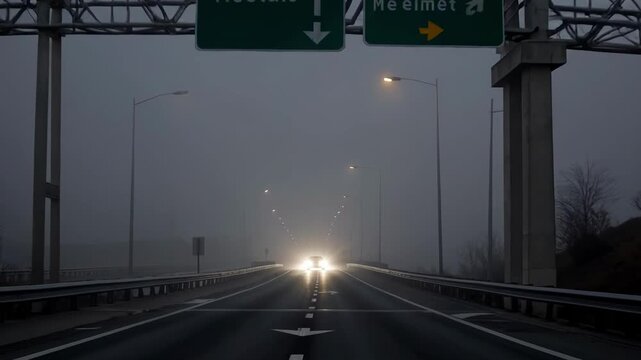 Foggy Highway At Dawn With Headlights Piercing Dense Mist, Empty Lanes Framed By Guardrails And Overhead Signage, Urban Overpass Silhouettes, Damp Asphalt Reflecting Soft Streetlight Glow, Moody