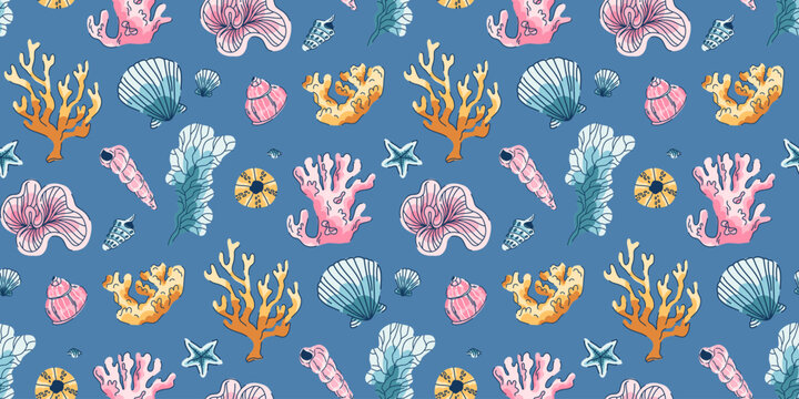 A rich seamless pattern with corals and seashells on a rich blue background, multi-colored underwater inhabitants and objects