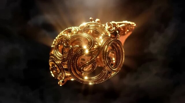 Intricate Golden Ornate Object Floating Mysteriously in Smoky Atmosphere.