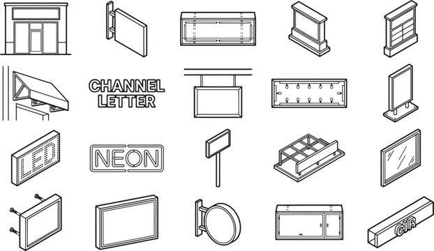 Diverse array of architectural signs, each distinct in shape and size, are rendered in clean, linear detail, a study in urban and commercial signage.