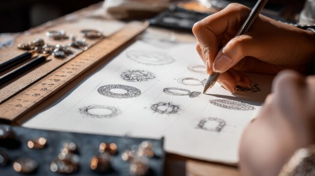 Creative artist sketches elegant jewelry designs on paper surrounded by exquisite materials and tools. Discover the art of jewelry making and design. Generative AI