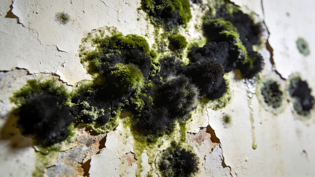 Unsightly black and green mold growth, thriving on a damaged, peeling painted wall, indicates severe dampness and potential decay.
