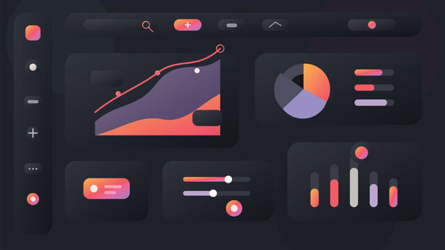 Dark analytics dashboard interface with growth chart pie graph neon SaaS admin panel template for reporting systems