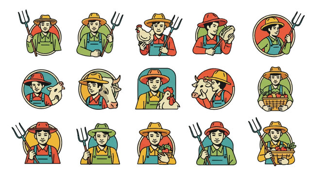 Set of farmers with farm animals and produce vector illustrations
