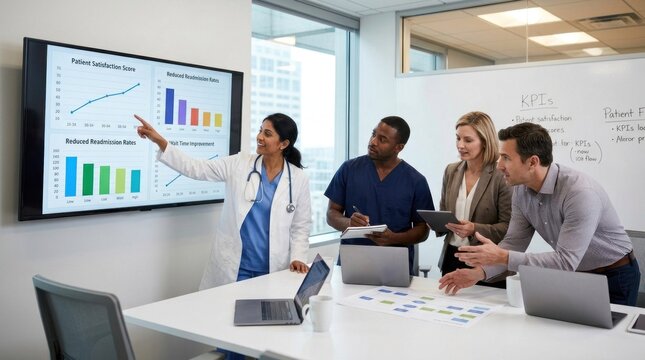 A group of healthcare professionals discussing patient satisfaction scores on a large digital screen in a modern office setting.