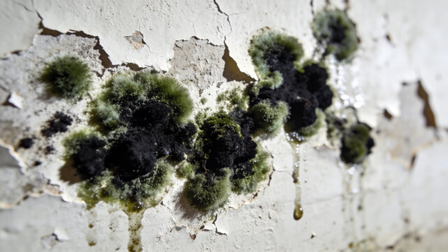Disturbing fuzzy green and black mold actively growing on a damp, damaged, peeling wall surface, causing significant health concerns.
