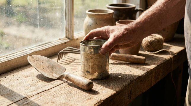 Hand holding old metal can on rustic wooden shelf with gardening tools and pottery