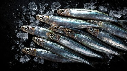 Fototapeta premium Fresh Raw Anchovies with Shimmering Silver Scales Displayed on Black Ice. AI generated image