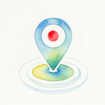 Watercolor map pin with concentric ripples on white paper