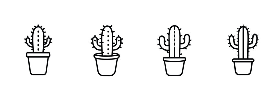 Cactus pot web line icons set desert plant home garden decoration & more vector illustration with editable stroke