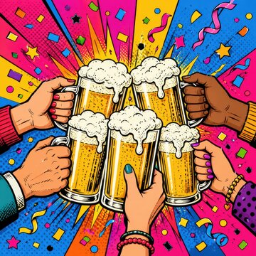 A lively pop art scene depicts multiple hands holding beer mugs against a backdrop of vibrant bursts and confetti, creating a festive atmosphere