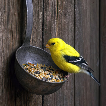 A vibrant yellow finch sits gracefully on the edge of a weathered ladle, dangling from a rustic wooden wall brimming with birdseed