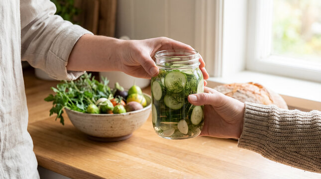 two people passing jar pickled cucumber slices kitchen counter together bond care sharing food homemade preserve fresh vegetables bread warm window domestic cozy daily occasion gifting sweet