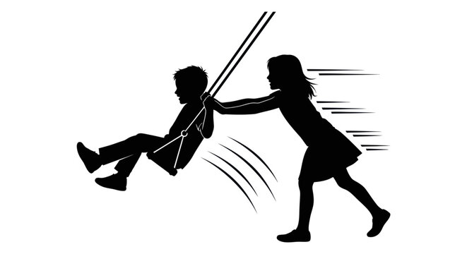 Children pushing swing, silhouette