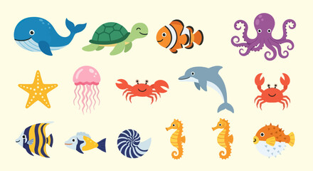 Colorful marine life cartoon illustration © Corvus