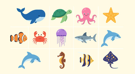Colorful marine life illustration on cream backdrop © Corvus