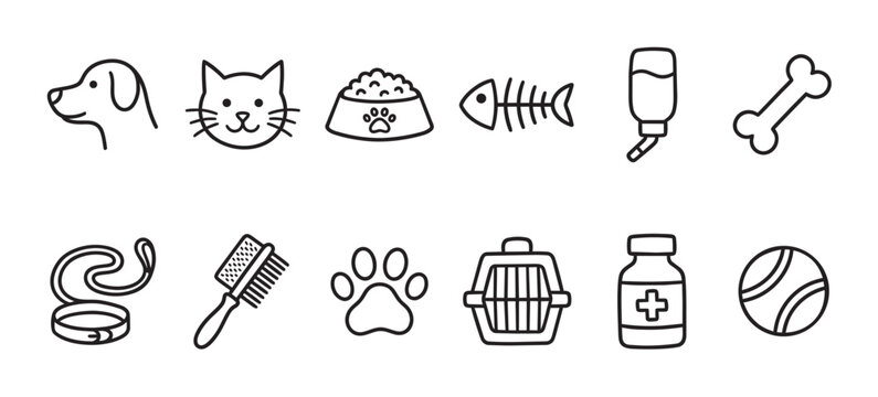A clean and simple black and white line art collection of common pet care icons, including a dog, cat, food bowl, and supplies, perfect for graphic design.
