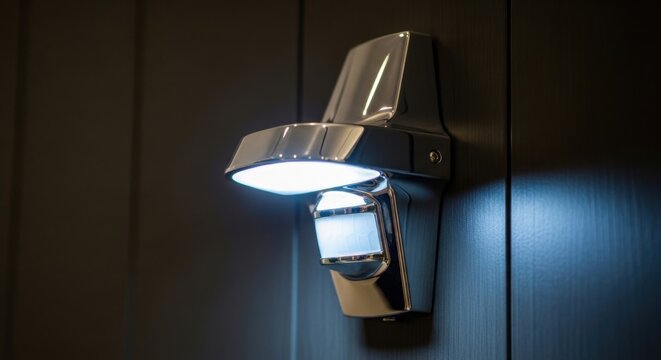 Polished Chrome Motion Sensor Security Light with Modern Sleek Design Mounted on a Dark Surface