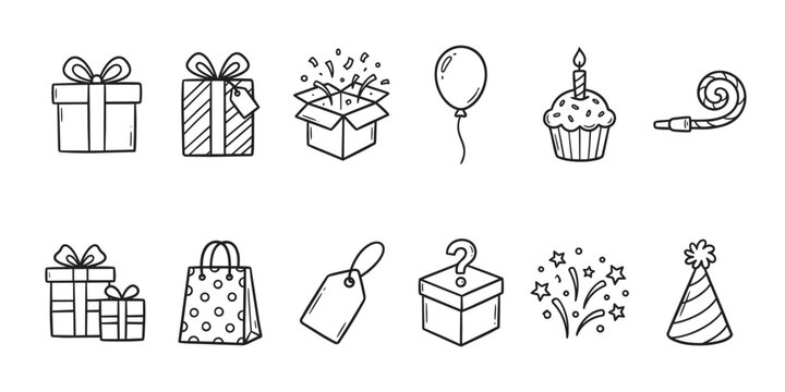 A collection of hand-drawn black and white line art icons related to birthday celebrations, including gifts, balloons, confetti, and party hats.