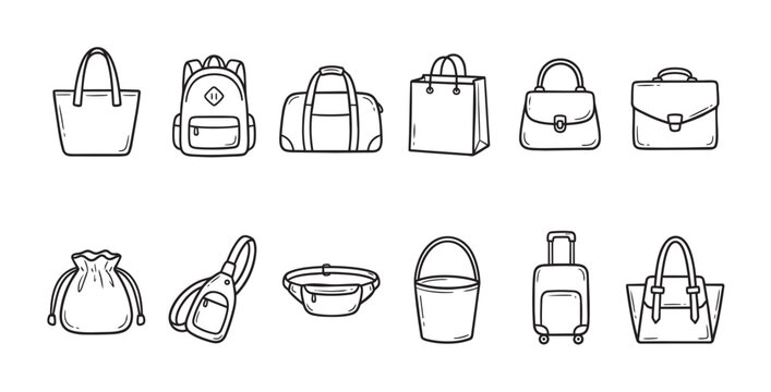 A clean, minimalist illustration features a variety of hand-drawn icons representing different types of bags and luggage, perfect for graphic design and web use.