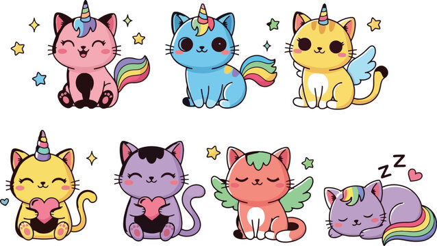 Cute unicorn cats set magical kitten characters with rainbow tails wings and horns adorable fantasy cartoon vector illustration collection