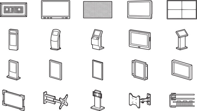 A collection of modern electronic displays featuring various models and design options, rendered in a detailed and technical illustrative style. 