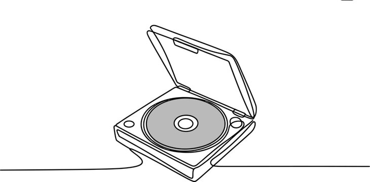 Continuous single line drawing of an open disc case with a compact disc inside