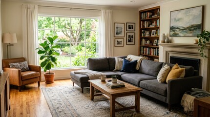 Fototapeta premium A cozy living room with a large window, a gray sectional sofa, a wooden coffee table, and a potted plant on the floor.