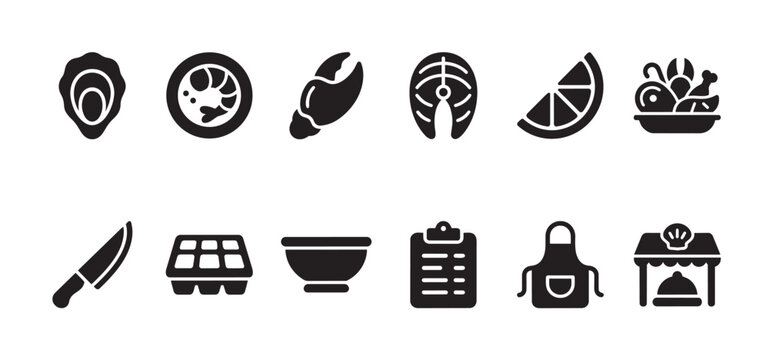 A collection of flat, black icons depicts various seafood, kitchen tools, and a food stall, ideal for culinary themes and restaurant branding.