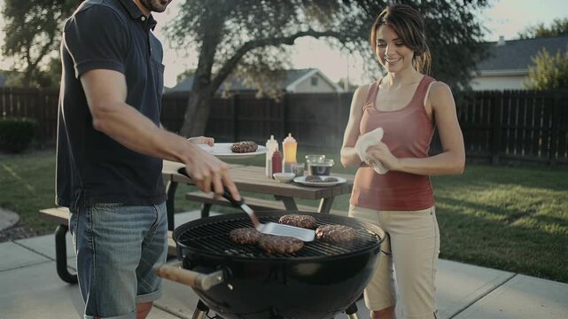 Man cooking burger patties on a charcoal grill while a woman smiles, holding a towel outdoors on a sunny day. Backyard barbecue lifestyle.