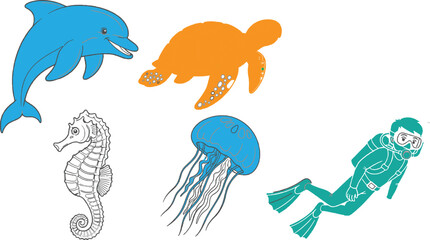 Marine life set dolphin turtle seahorse jellyfish and scuba diver underwater ocean animals vector illustration collection © Jahangir