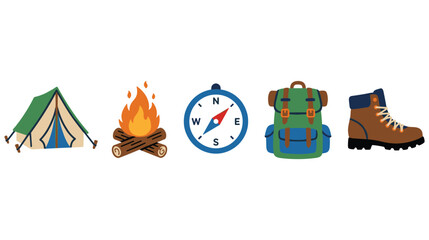 Set of colorful camping equipment icons including tent fire compass backpack and hiking. © abedin