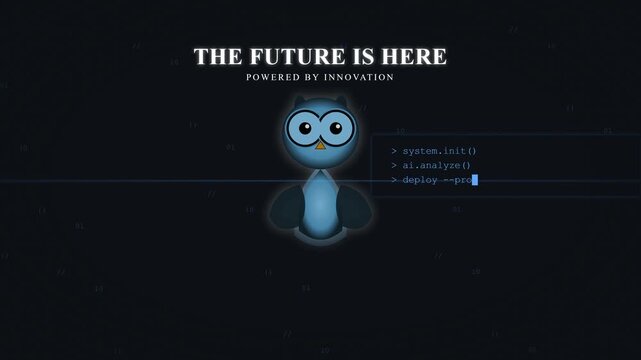 Animated robot mascot with data display, representing the future is here concept, digital transformation, cybersecurity, and advanced AI solutions for modern business technology presentations.
