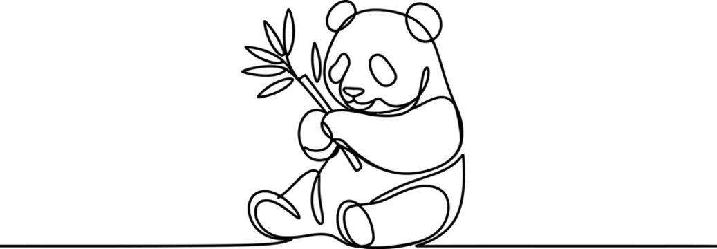 Cute panda bear holding a bamboo branch drawn with a single continuous black line art style on a clean design element for your creative project