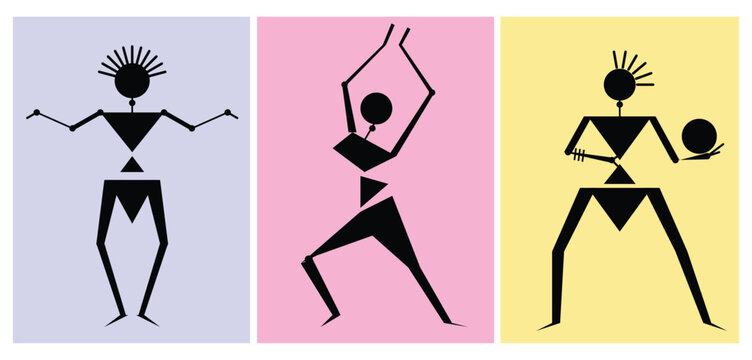 Set of three abstract tribal figure posters with minimalist geometric silhouettes on colorful backgrounds representing ethnic dance and ancient cultural art