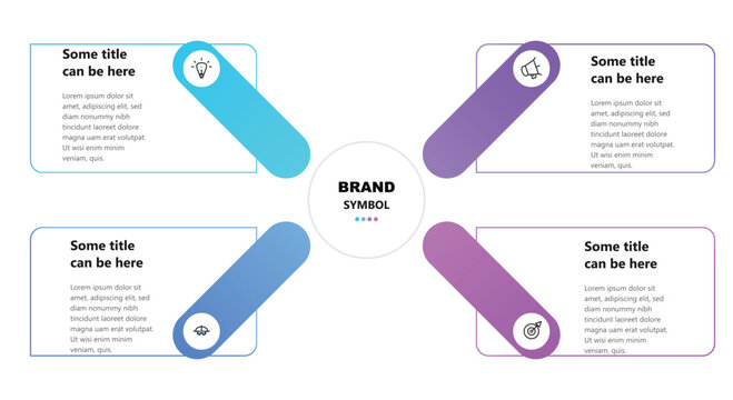 Four part circular brand symbol infographic with colorful gradient diagonal arms and professional icons for business process and marketing strategy visualization